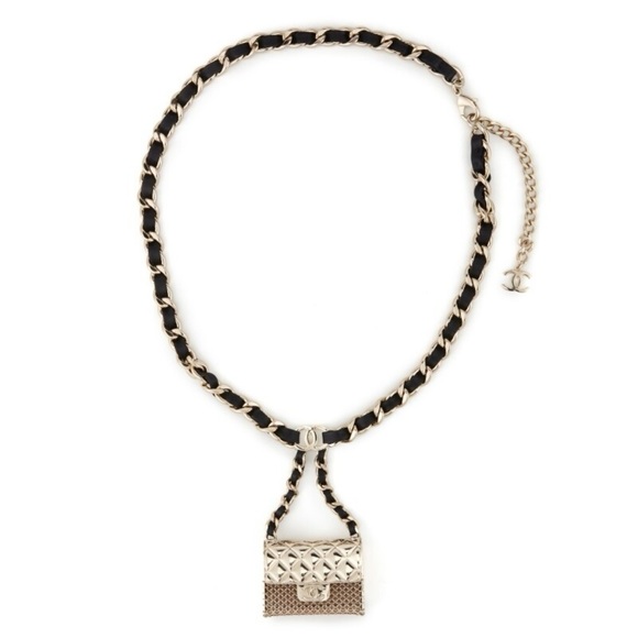 Chanel Gold and Black Micro Classic Flap Necklace in Metal and Lambskin Leather - Picture 1 of 16